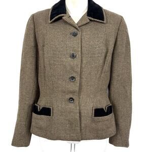 Handmacher Tailored Equestiran Vintage Houndstooth Velvet Trim Jacket Blazer S